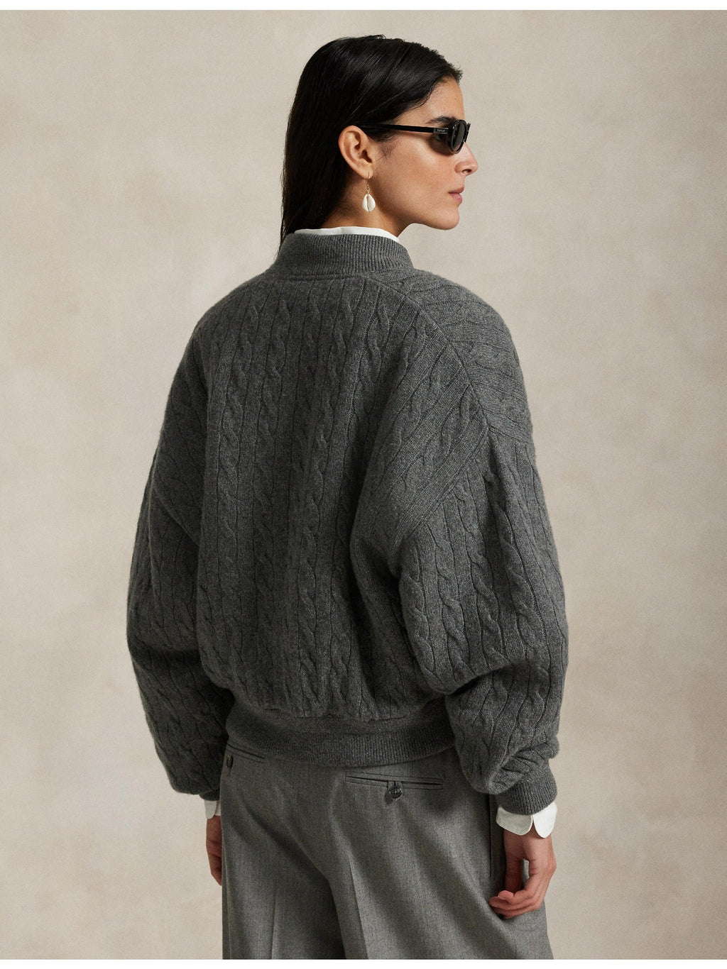 RALPH LAUREN WOMEN Cable-Knit Wool-Cashmere Bomber Jacket Antique Heather