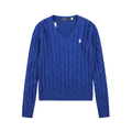 Polo Ralph Lauren Women Cable Knit V‑Neck Jumper, Royal Blue White Pony Embroidered Sweater