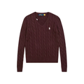 Polo Ralph Lauren White Pony Logo Cable‑Knit V‑Neck Sweater, Burgundy Women Knit Top
