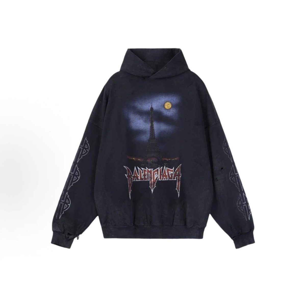 Balenciaga Vintage Distressed Eiffel Tower Graphic Hoodie Oversized Unisex Black Sweatshirt